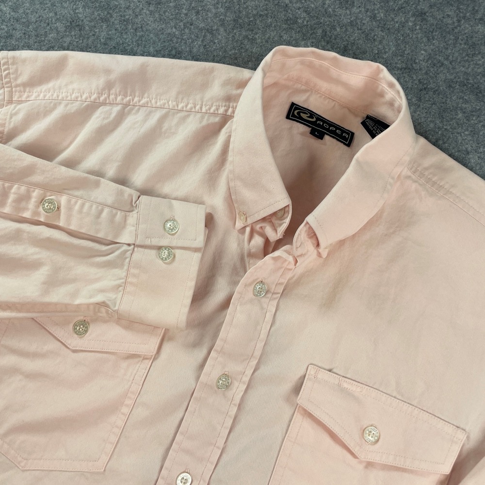 Roper Mens Button Down Shirt L Pink Long Sleeve Up Short Western Cowboy